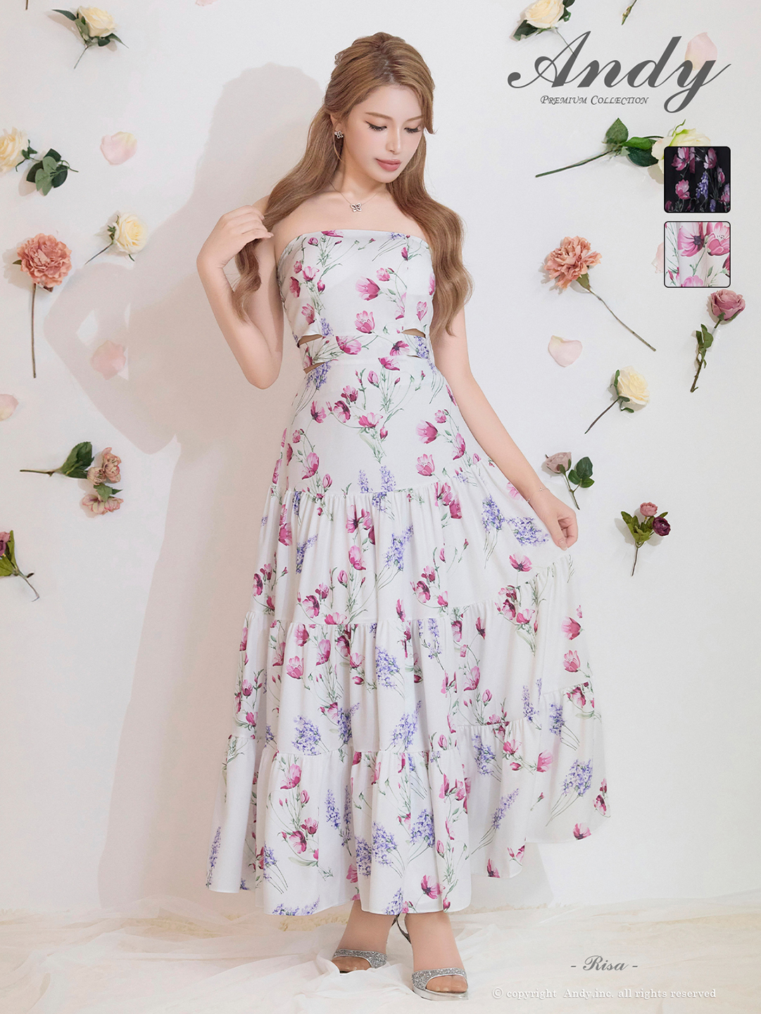 ベアトップ フラワープリント ウエストカット ティアード バックリボン Aラインロングドレスのメイン画像2