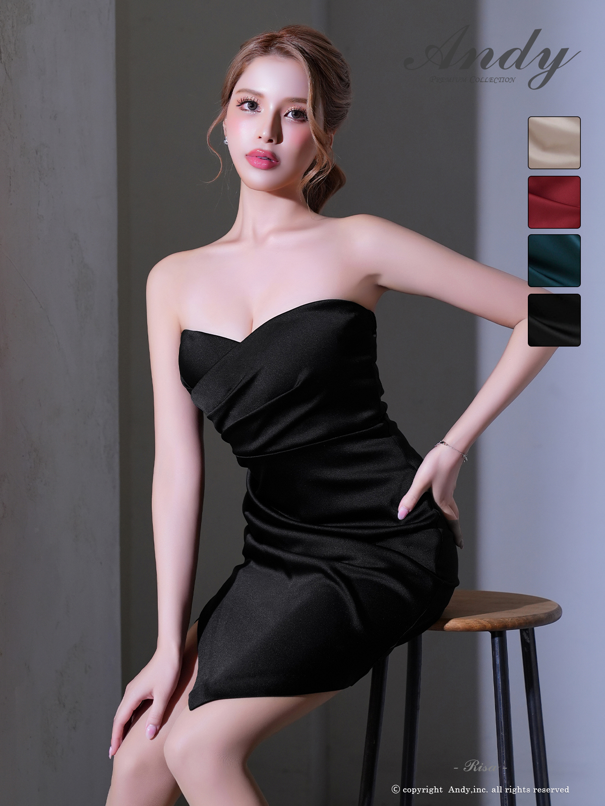 ベアトップ タック ワンカラー サテン ラップスカート タイトミニドレスのメイン画像4