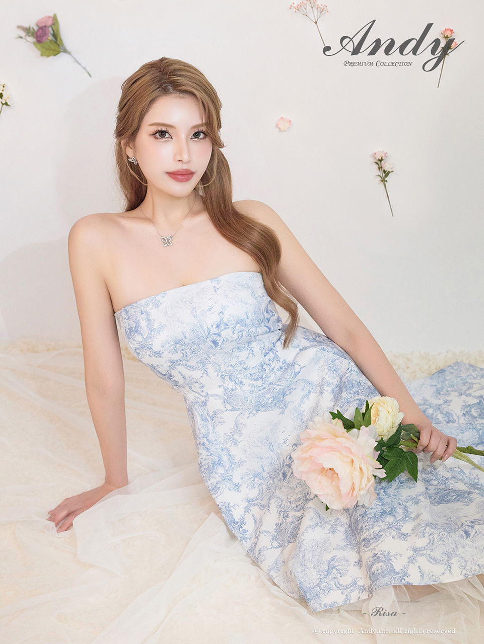 ベアトップ トワルドジュイ柄 チュール フィッシュテール Aラインロングドレスのイメージ画像1