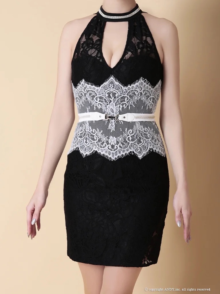 ホルターネック ウエストベルト フラワーレース バストカット モノトーン タイトミニドレスのイメージ画像8