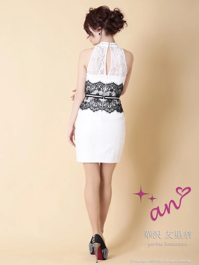 ホルターネック ウエストベルト フラワーレース バストカット モノトーン タイトミニドレスのイメージ画像3