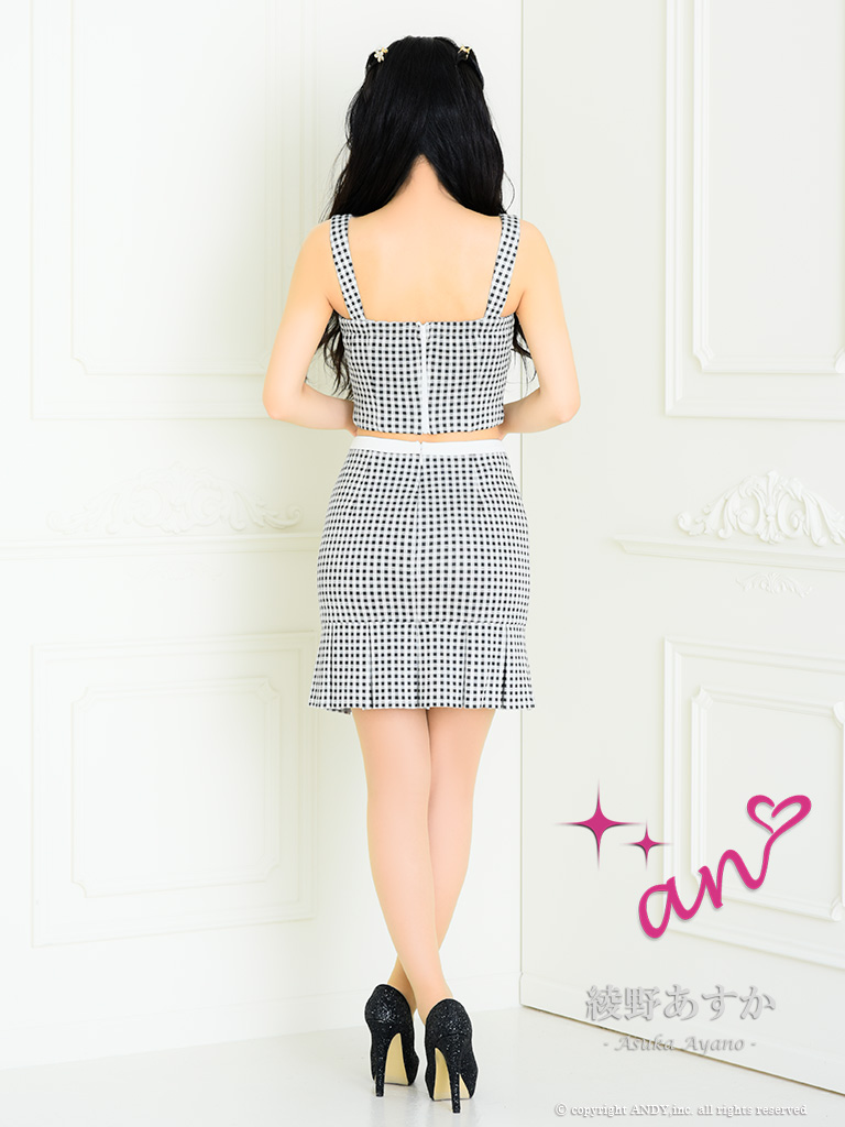 【an/アン】 ギンガムチェック ボタンデザイン セットアップ ノースリーブ タイトミニドレスの全身バック画像