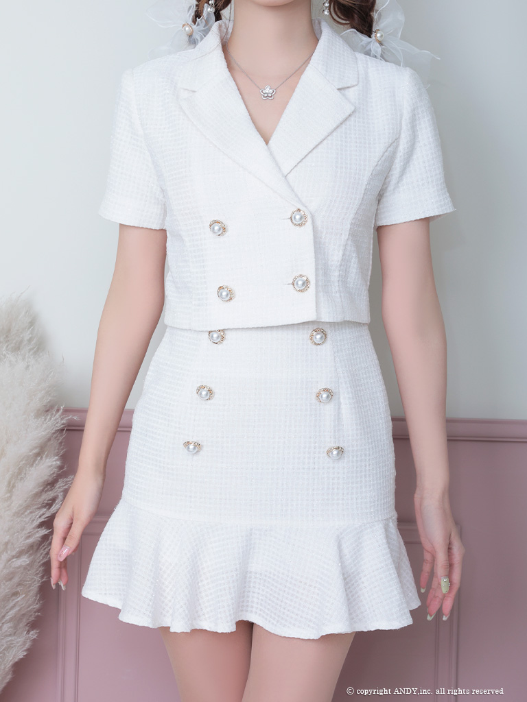 マーメイド パールボタン 半袖 セットアップ Aライン 裾フリル フレアミニドレスの全身バック画像1