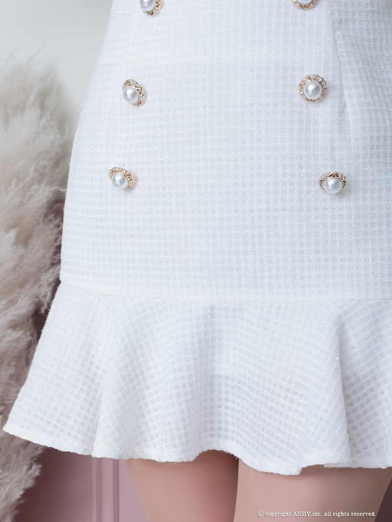 マーメイド パールボタン 半袖 セットアップ Aライン 裾フリル フレアミニドレスの詳細画像1
