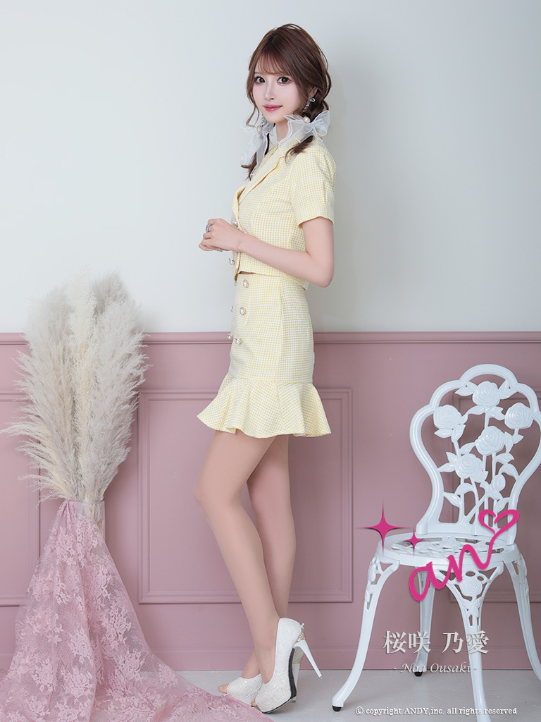 マーメイド パールボタン 半袖 セットアップ Aライン 裾フリル フレアミニドレスの詳細画像4