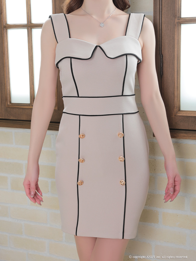 キャバドレス an アン パイピングデザイン ウエストマーク ノースリーブ ダブルボタン タイトミニドレスの全身フロント画像