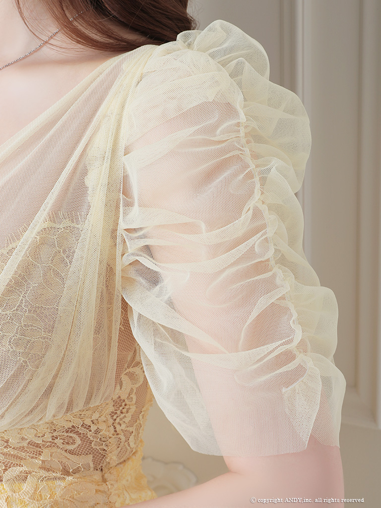 キャバドレス ミニドレス an アン ガーリー バックリボン ギンガムチェック チュール パールボタン 半袖 切り替え フレアミニドレスの詳細画像