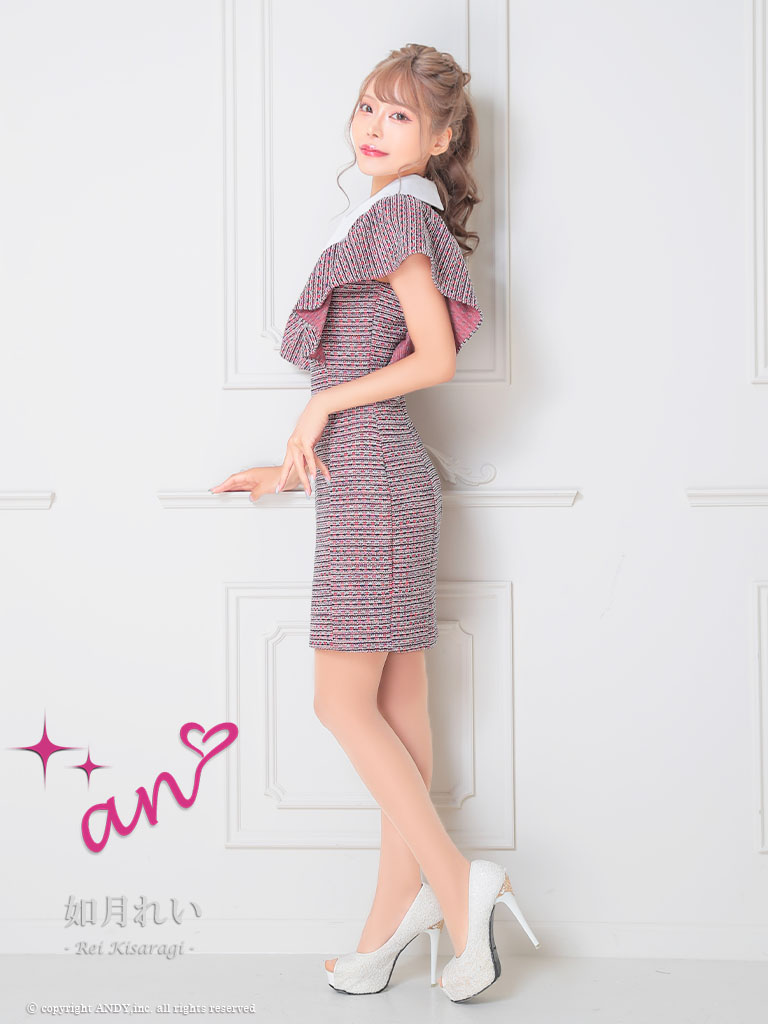 襟付き ツイード フリル袖 シンプル タイトミニドレスのメイン画像2