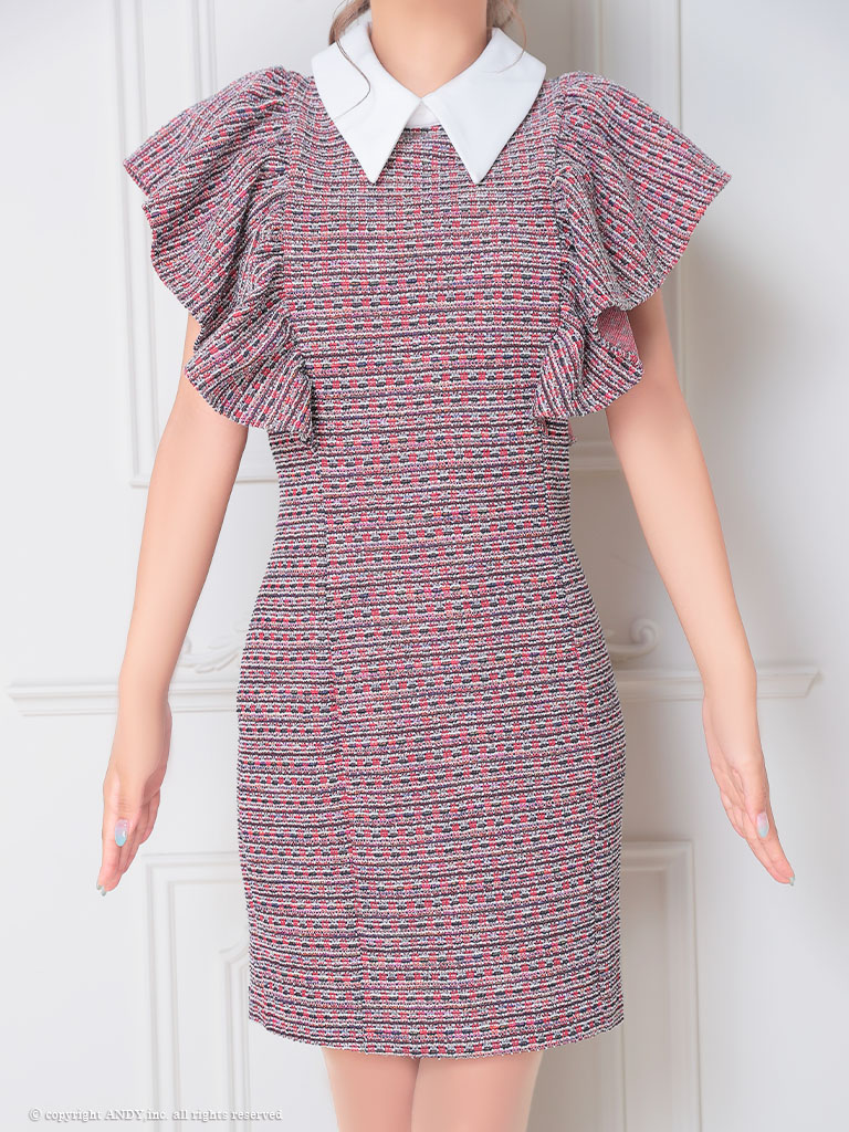 シンプル フリル袖 襟付き ツイード タイトミニドレスの全身サイド画像