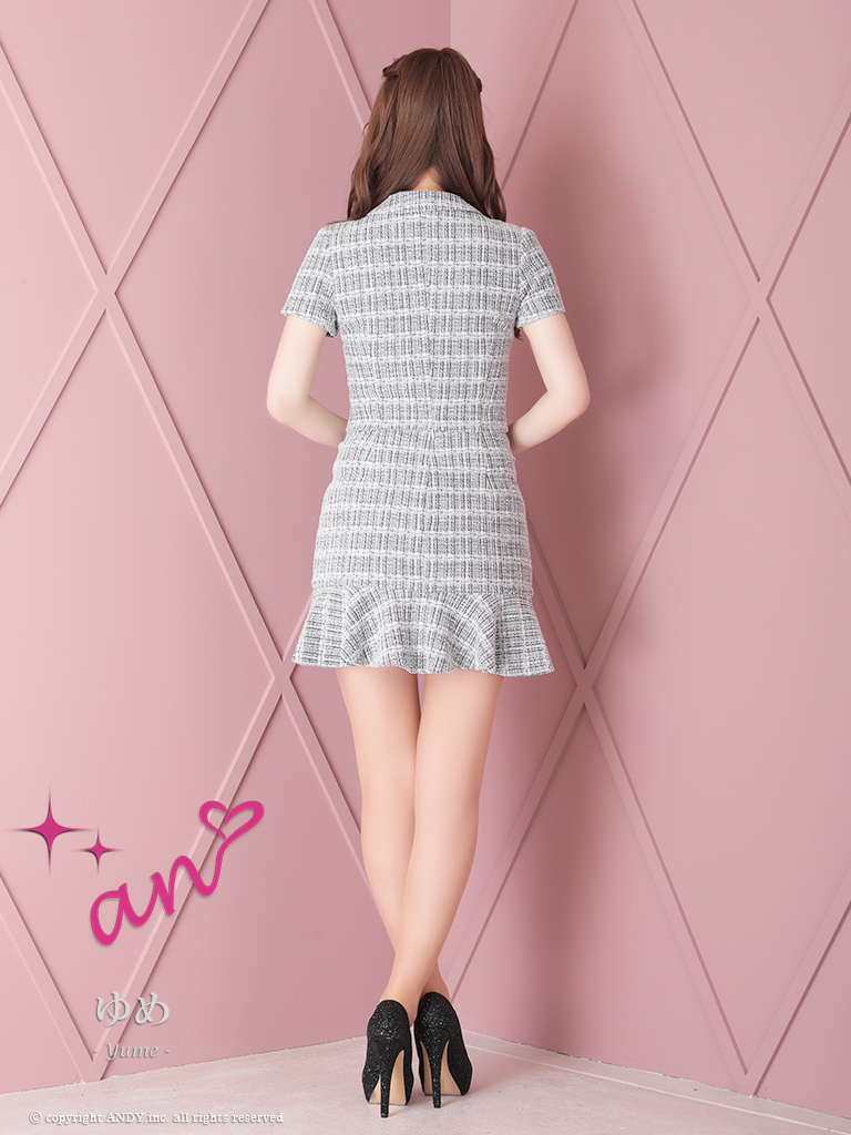 【an/アン】半袖セットアップチェック柄ツイード襟付きパールボタンフレアミニドレス