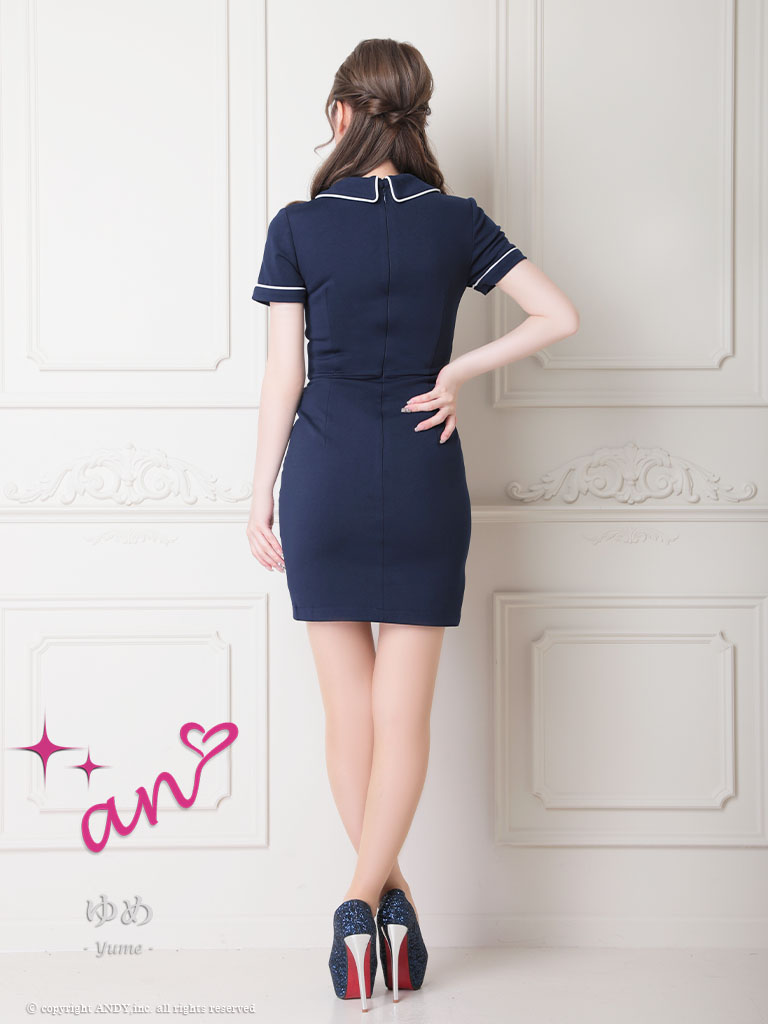 キャバドレス　シンプル　かわいい チェーン 襟付き フロントジップ 半袖 タイトミニドレスの全身バック画像2