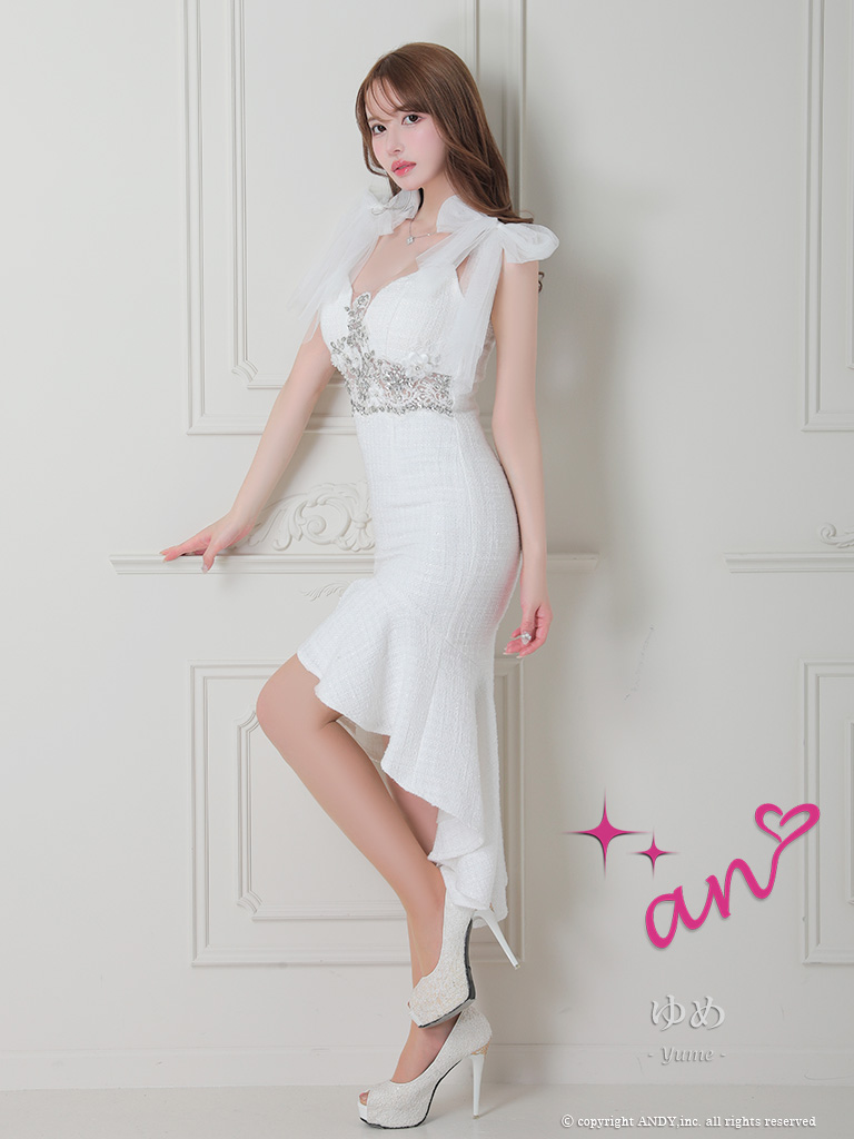 【an/アン】チュール ショルダーリボン ノースリーブ タイトひざ丈ドレス (AOC-3508)の全身フロント画像