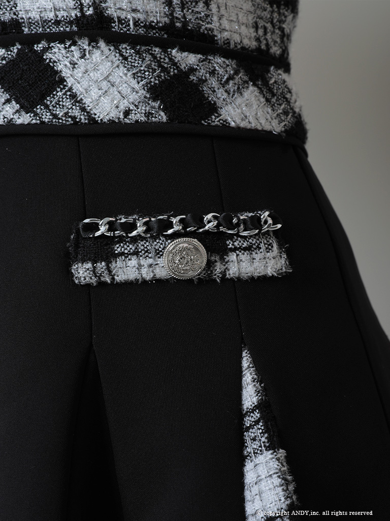 ジップデザイン ツイード チェック柄 襟付き ノースリーブ フレアミニドレスのデティール3