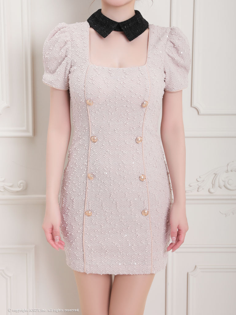 キャバドレス an アン 上品 ボタン 襟付き スパンコール 半袖 タイトミニドレスの全身バック画像