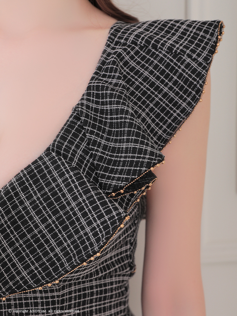 ツイード チェック柄 フリル ノースリーブ ジップデザイン マーメイド ミディアムドレス 膝丈ドレスの詳細画像2