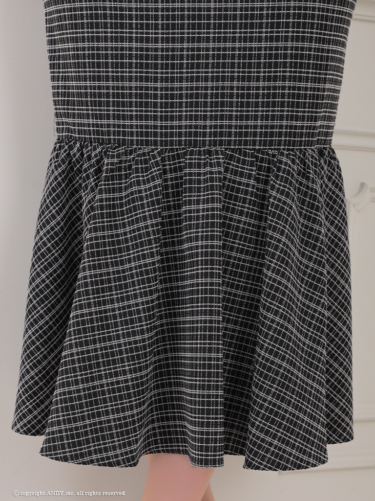 ツイード チェック柄 フリル ノースリーブ ジップデザイン マーメイド ミディアムドレス 膝丈ドレスの詳細画像3