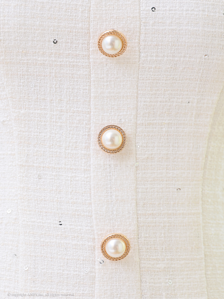 リボンショルダー パールボタン ツイード  ワンカラー ガーリー プリーツ フレアミニドレスの詳細画像3