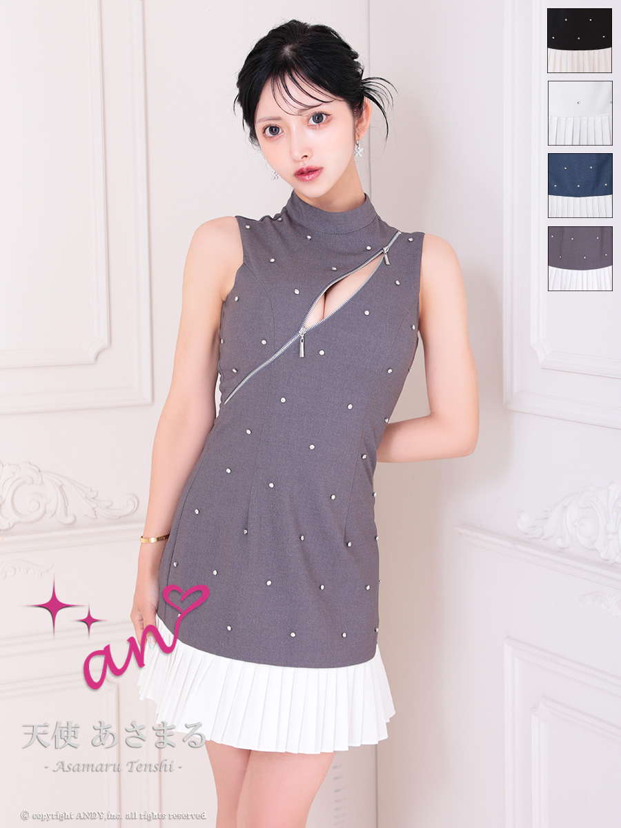 ノースリーブ ジップデザイン ドット柄 プリーツ フレアミニドレスのメイン画像2