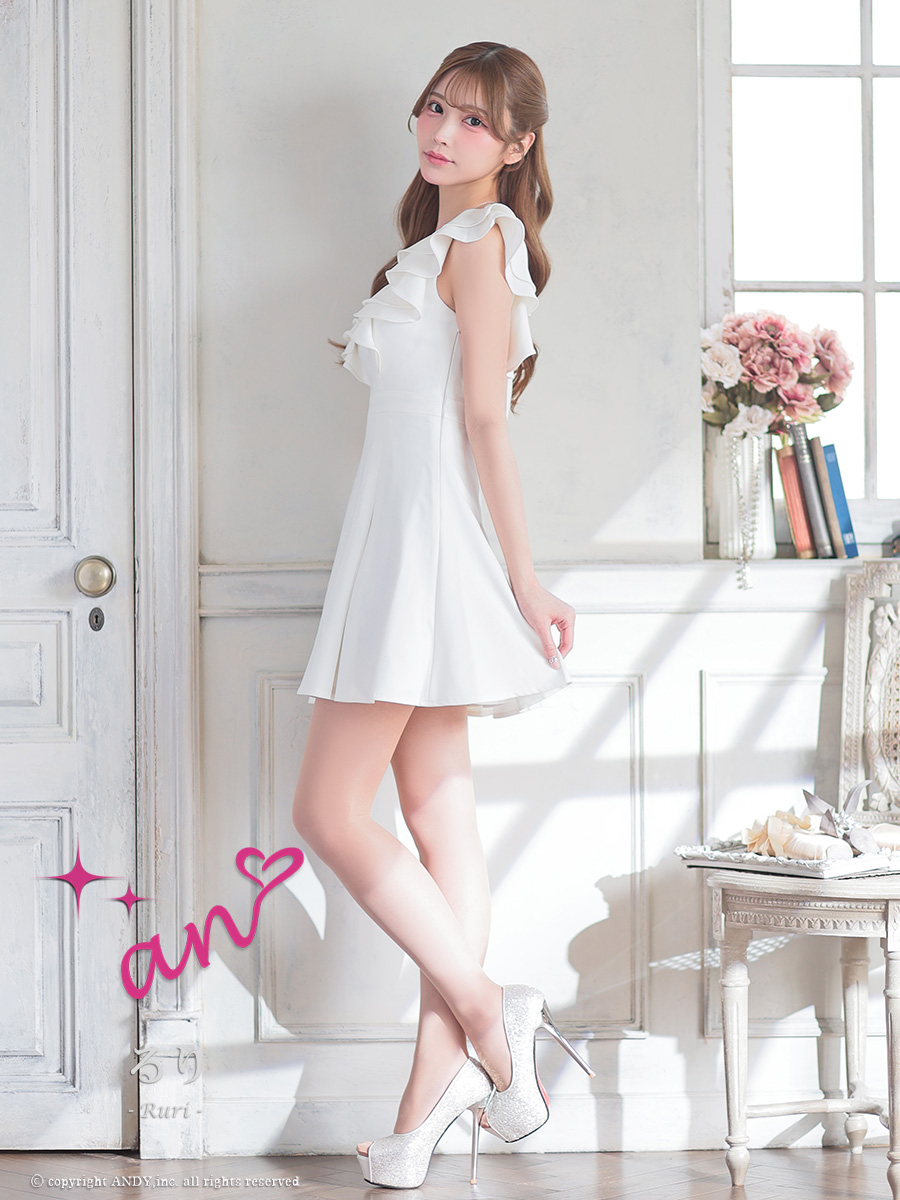 フリル ノースリーブ ジップデザイン バックリボン 背中あき フレアミニドレスの全身サイド画像1