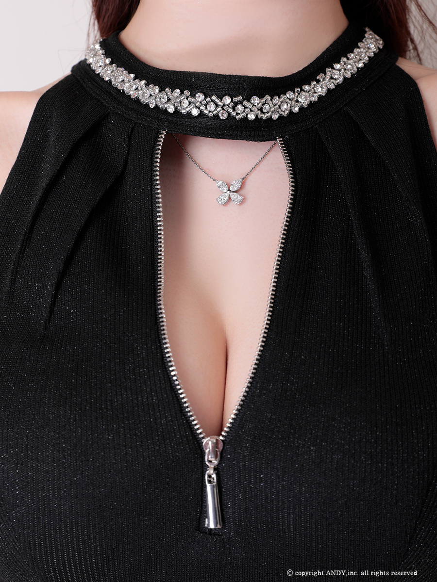 セットアップ ラメ ジップデザイン ホルターネック ビジュー カットデザイン タイトミニドレスの詳細画像2