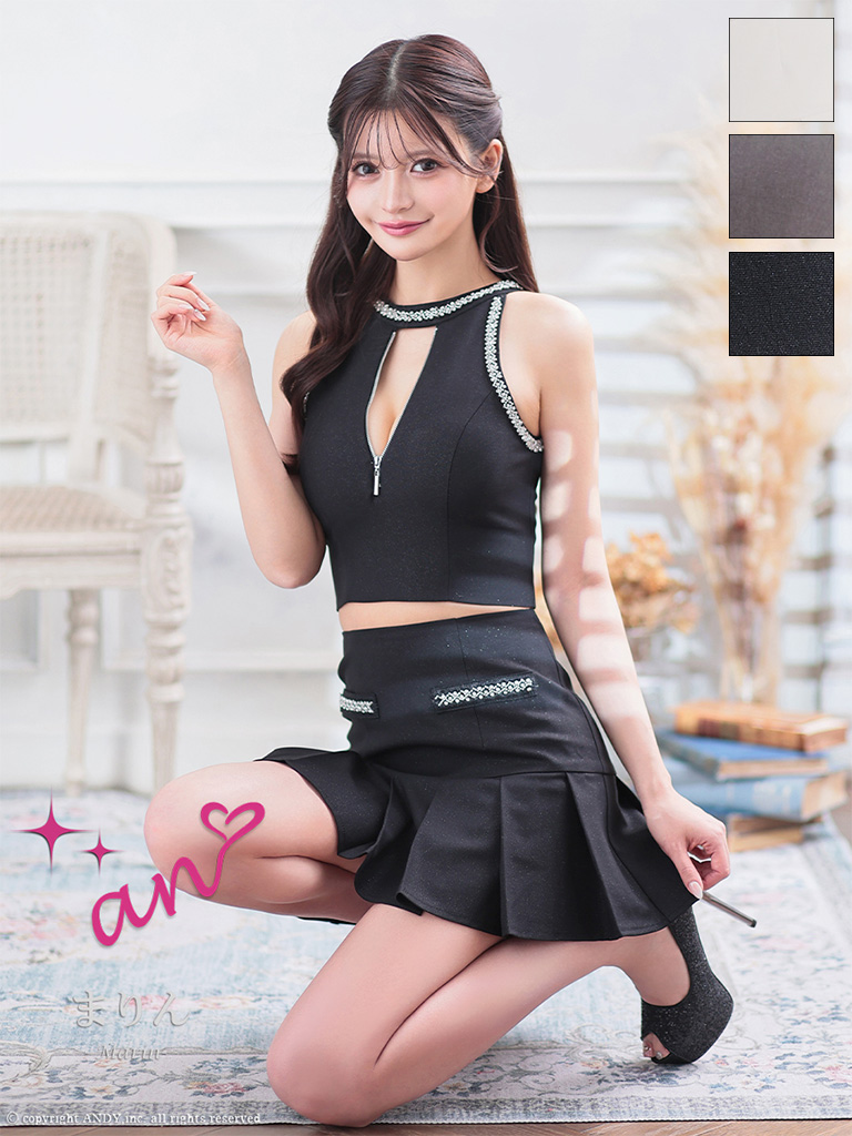 ノースリーブ ジップデザイン セットアップ ビジュー カットデザイン フレアミニドレスのメイン画像1