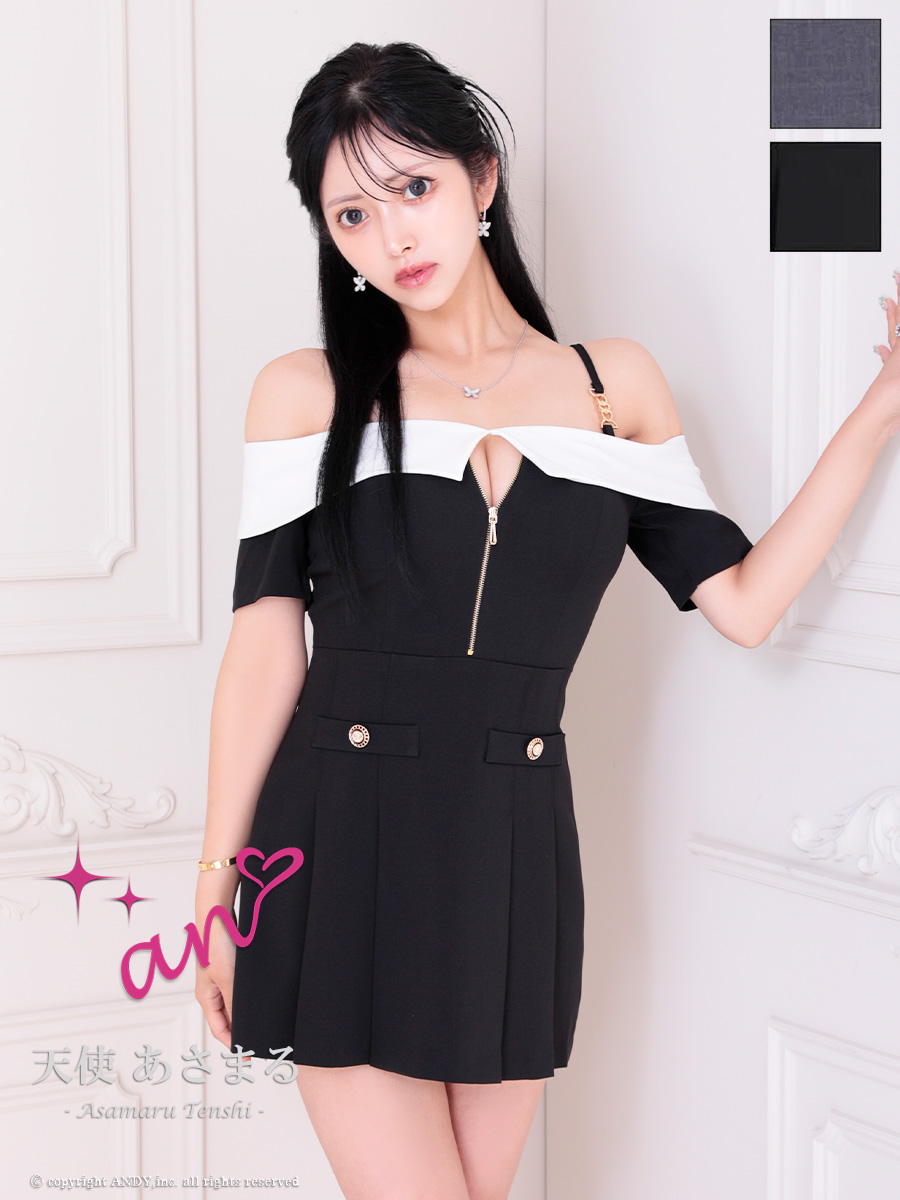 半袖 肩あき バイカラー ジップデザイン 飾りボタン フレアミニドレスのメイン画像2