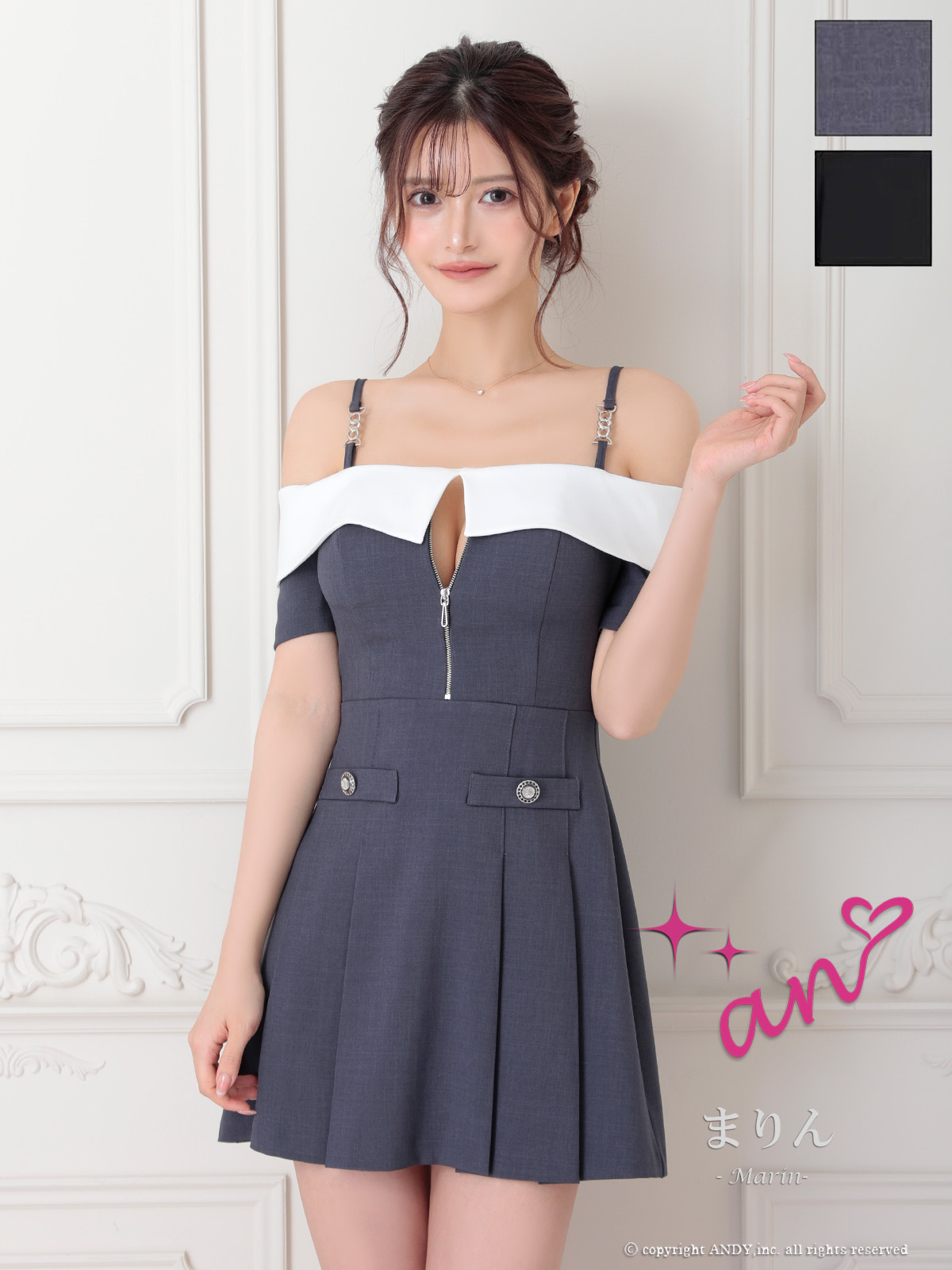 半袖 肩あき バイカラー ジップデザイン 飾りボタン フレアミニドレスのメイン画像1