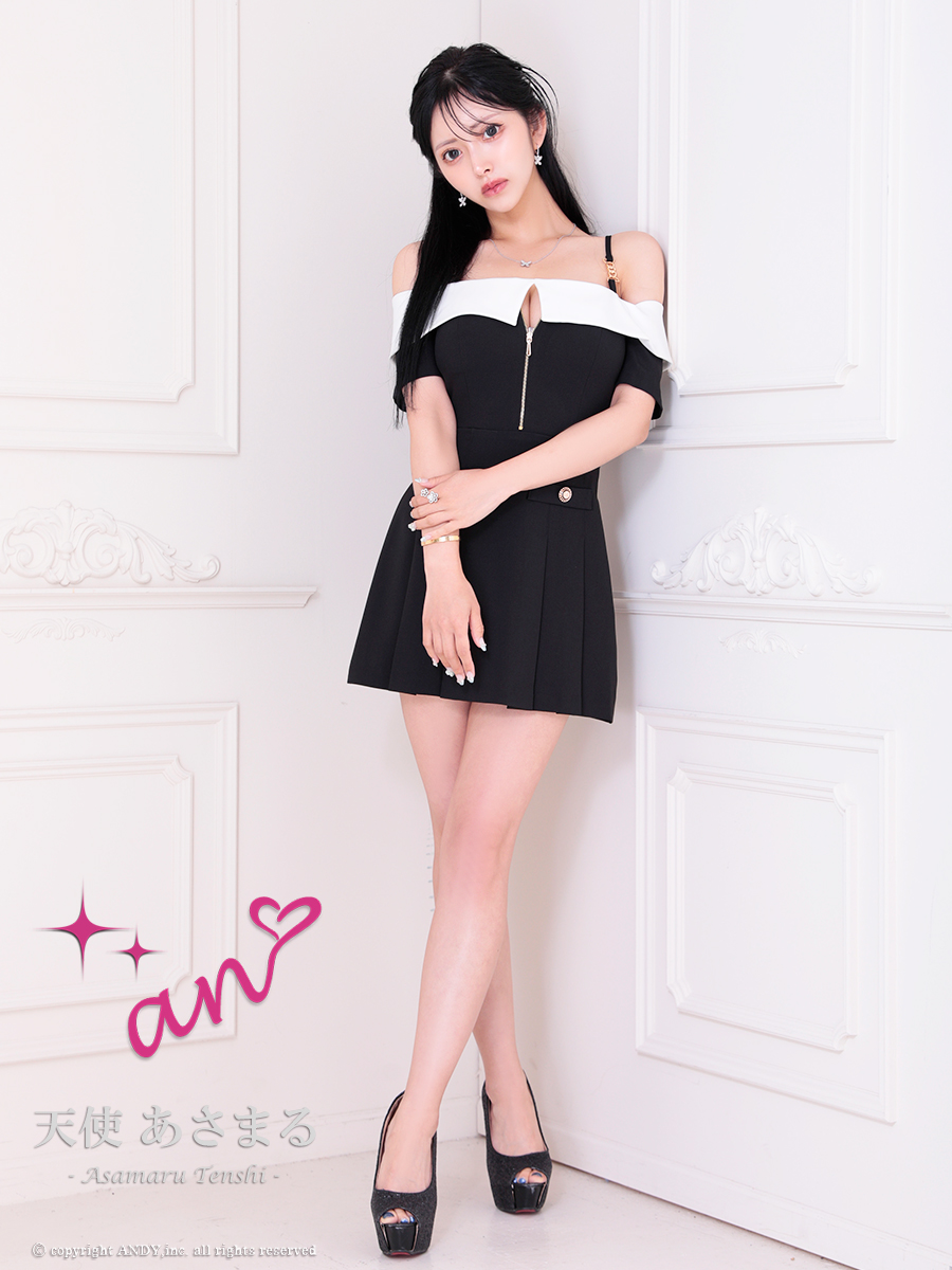 半袖 肩あき バイカラー ジップデザイン 飾りボタン フレアミニドレスの全身フロント画像1
