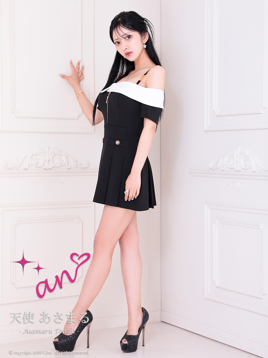 半袖 肩あき バイカラー ジップデザイン 飾りボタン フレアミニドレスの全身サイド画像1