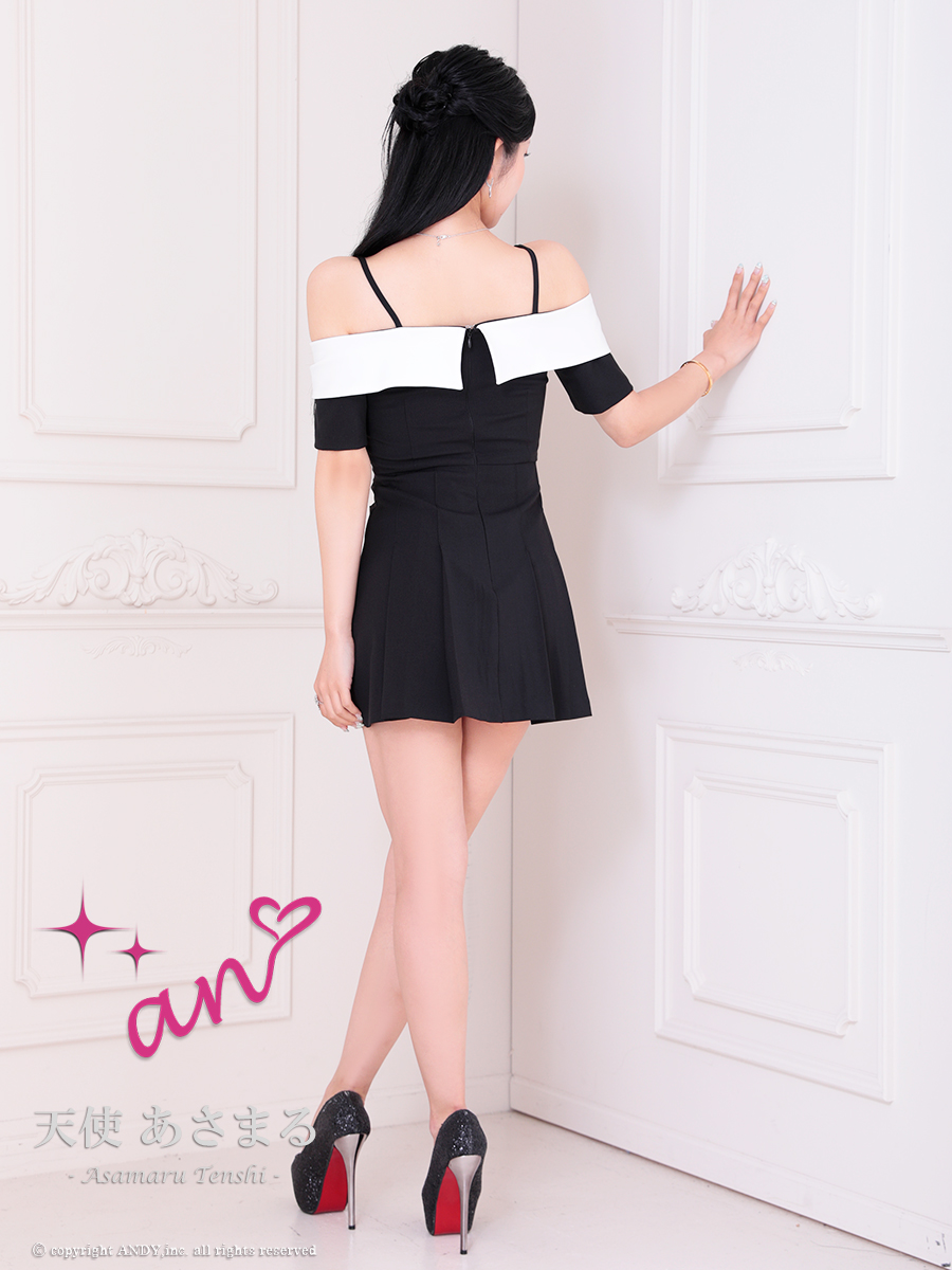 半袖 肩あき バイカラー ジップデザイン 飾りボタン フレアミニドレスの全身バック画像1