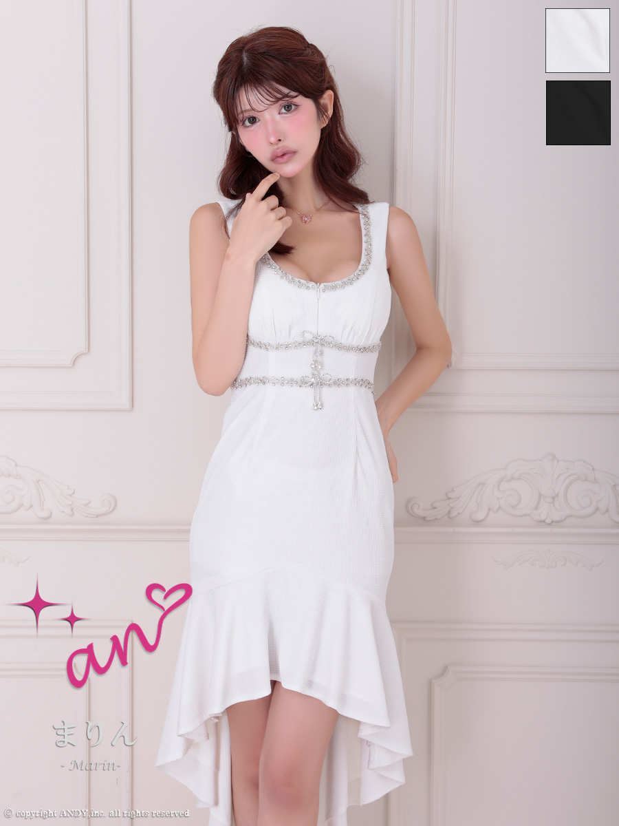 テールカット ビジュー ジップデザイン ラメ リボン ノースリーブ ロングテールドレスのメイン画像1