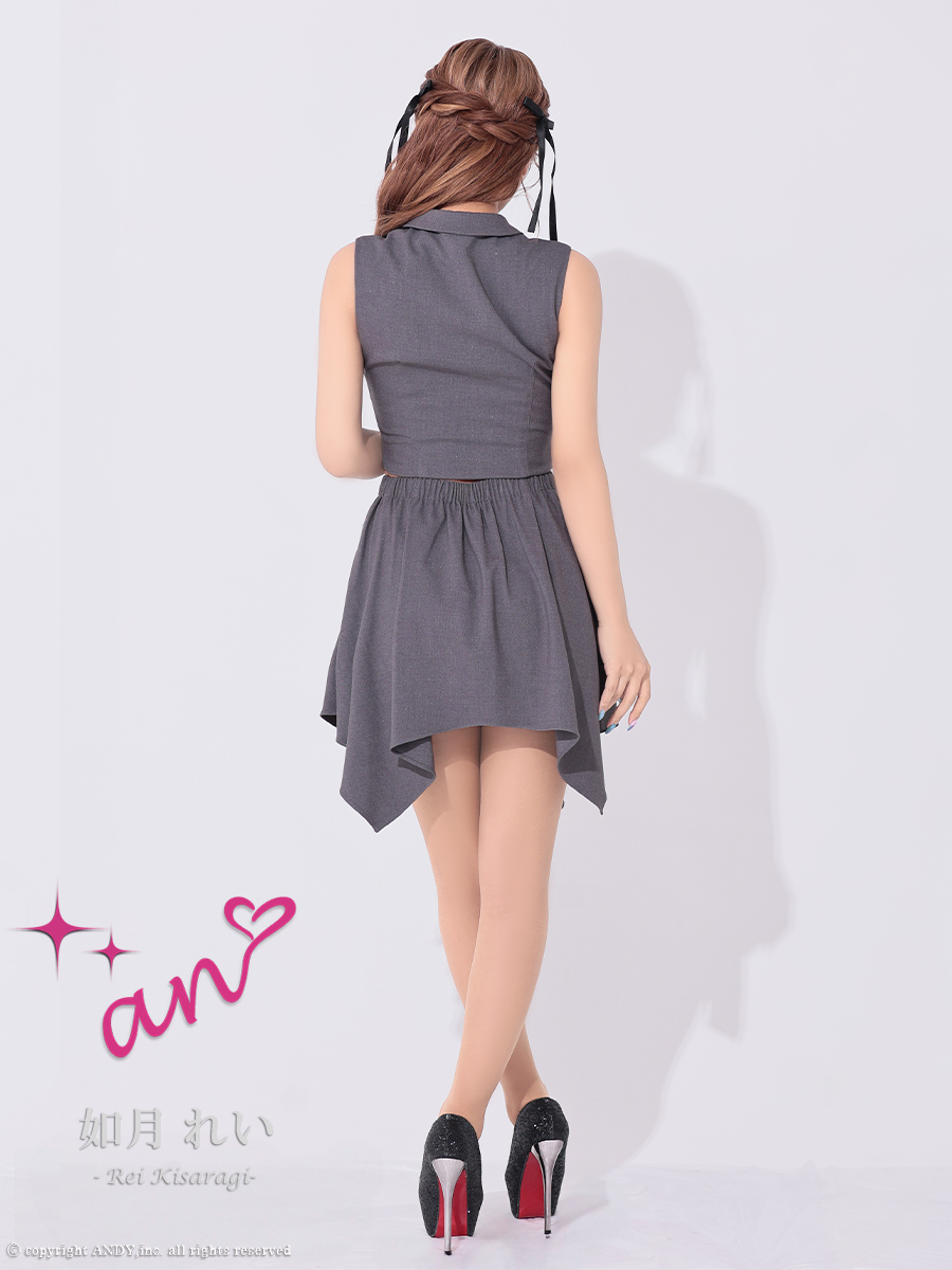 ジップデザイン ヘムスカート 襟付き セットアップ ノースリーブ フレアミニドレスの全身バック画像1
