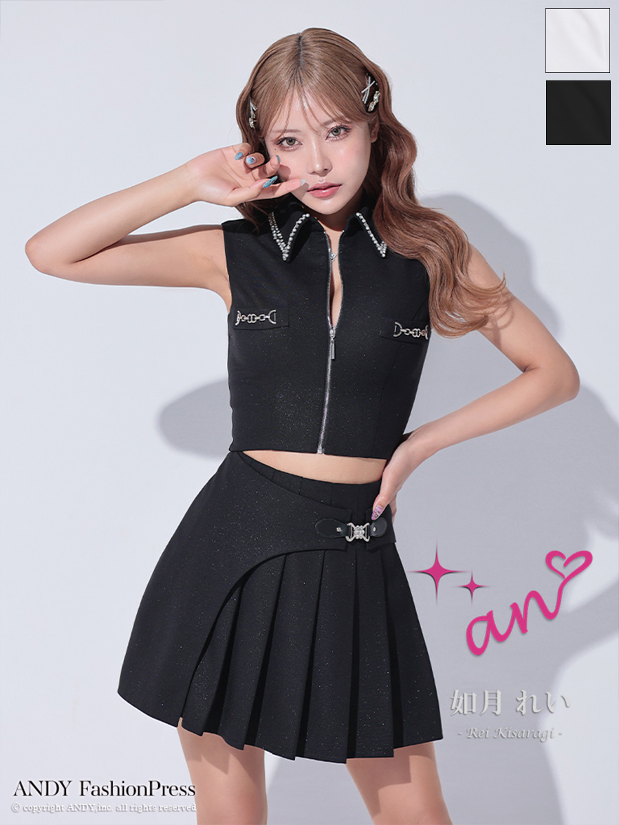 セットアップ ビジュー ノースリーブ プリーツ バストジップ タイトミニドレスのメイン画像1