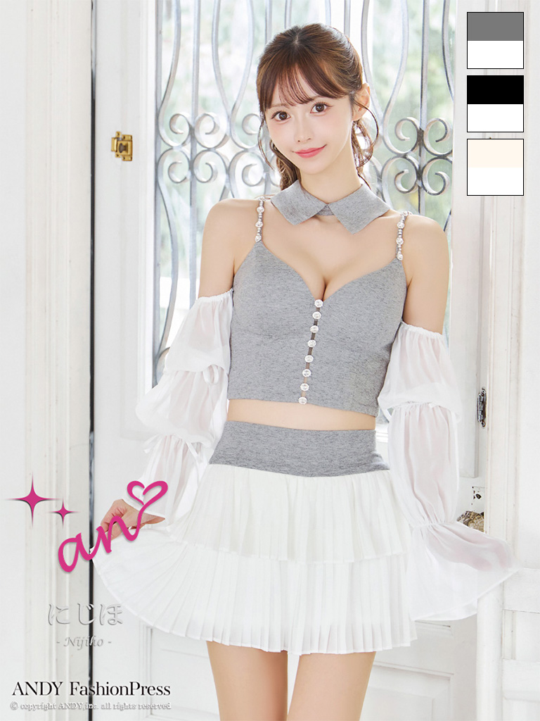 シフォン ビジュー 襟 3way セットアップ キャミソール 袖あり フレアミニドレスのメイン画像1