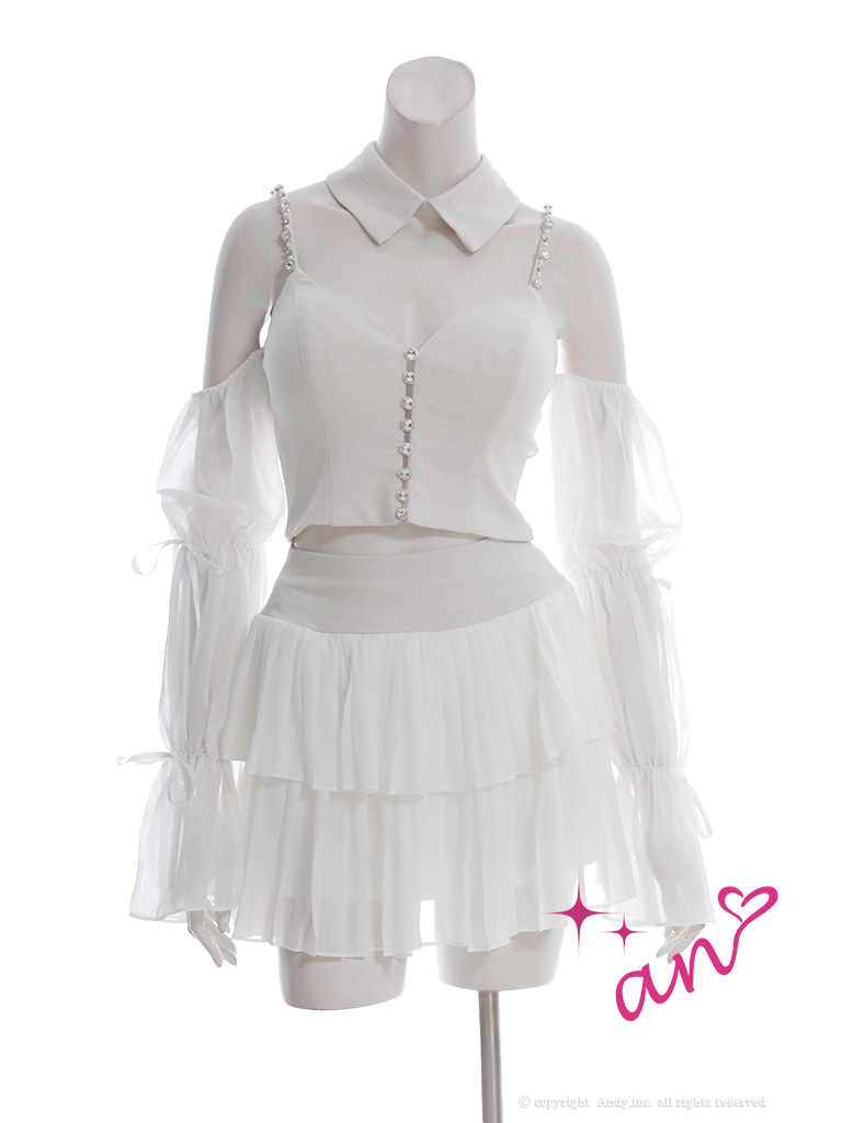 シフォン ビジュー 襟 3way セットアップ キャミソール 袖あり フレアミニドレスのメイン画像2