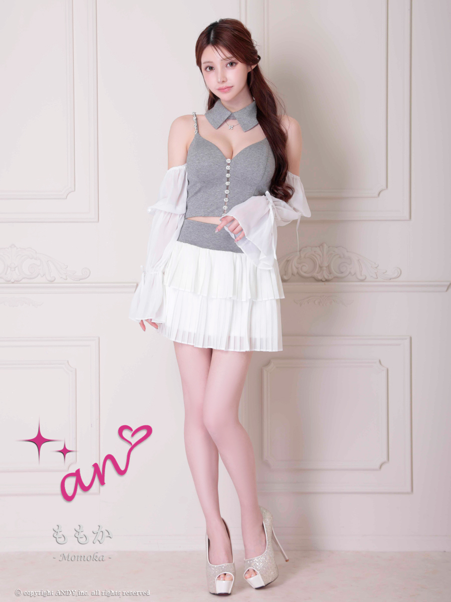シフォン ビジュー 襟 3way セットアップ キャミソール 袖あり フレアミニドレスの全身フロント画像1