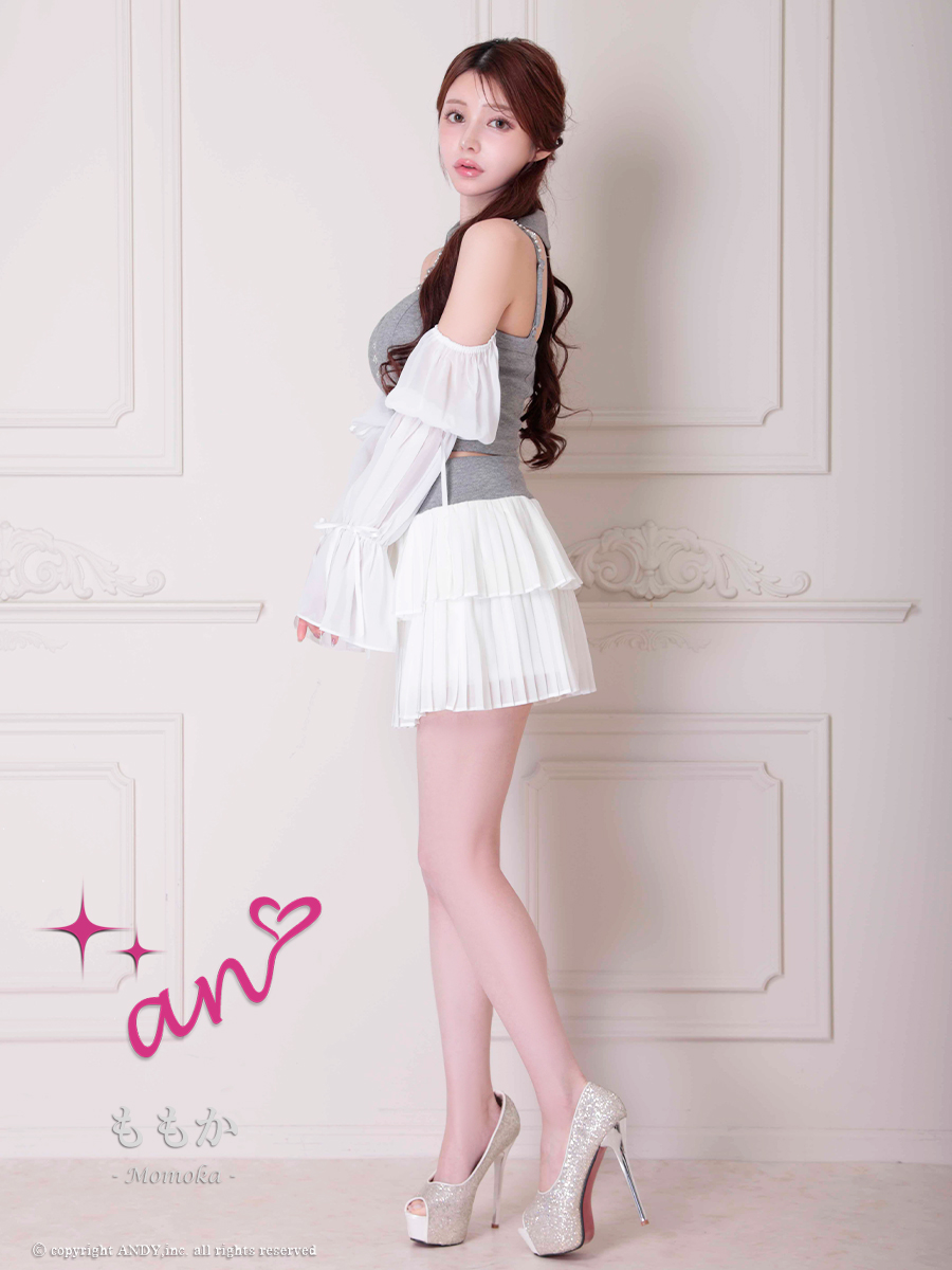 シフォン ビジュー 襟 3way セットアップ キャミソール 袖あり フレアミニドレスの全身サイド画像1