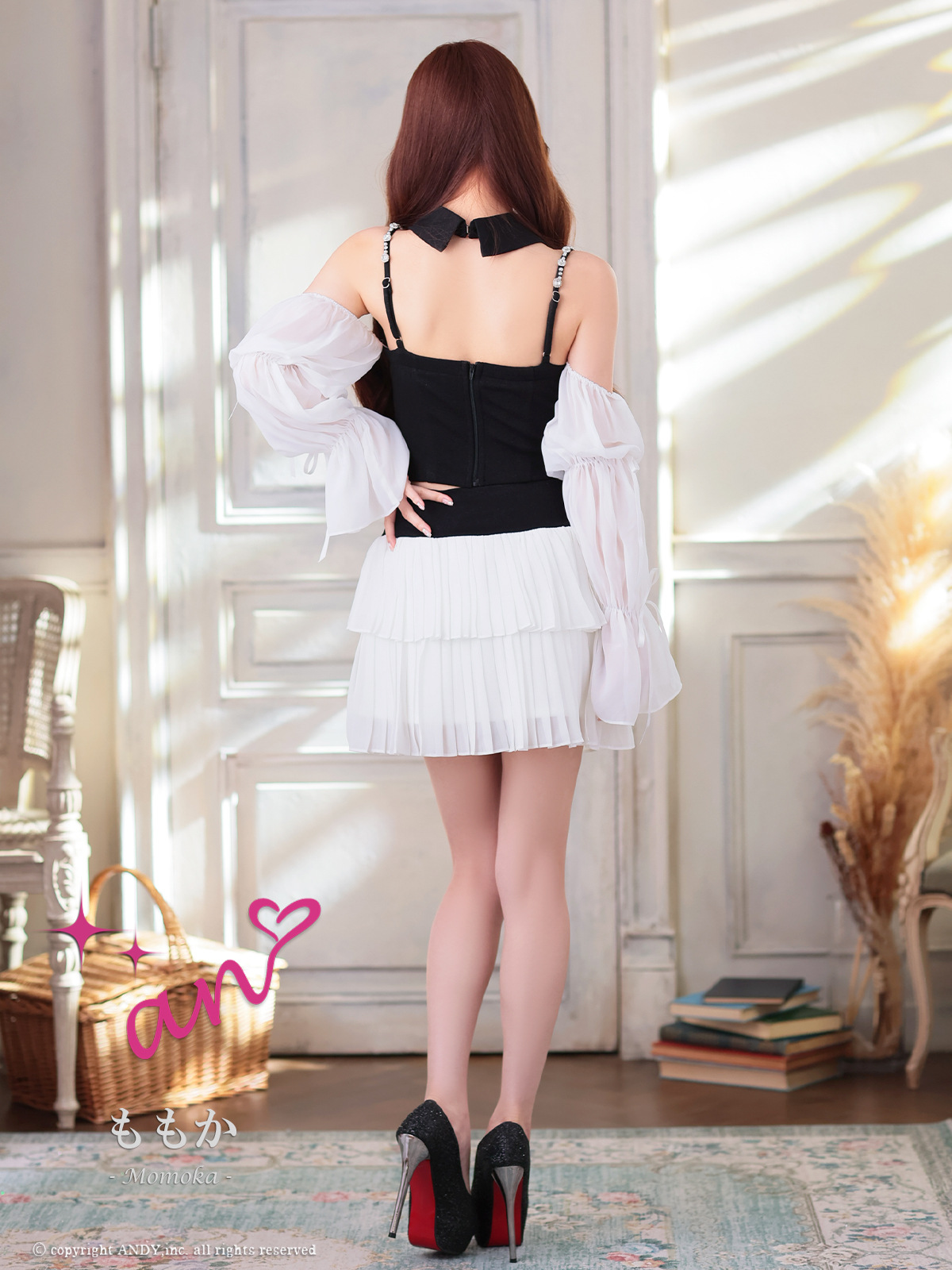 3way ビジュー シフォン 襟 セットアップ キャミソール 袖あり フレアミニドレスの全身バック画像2