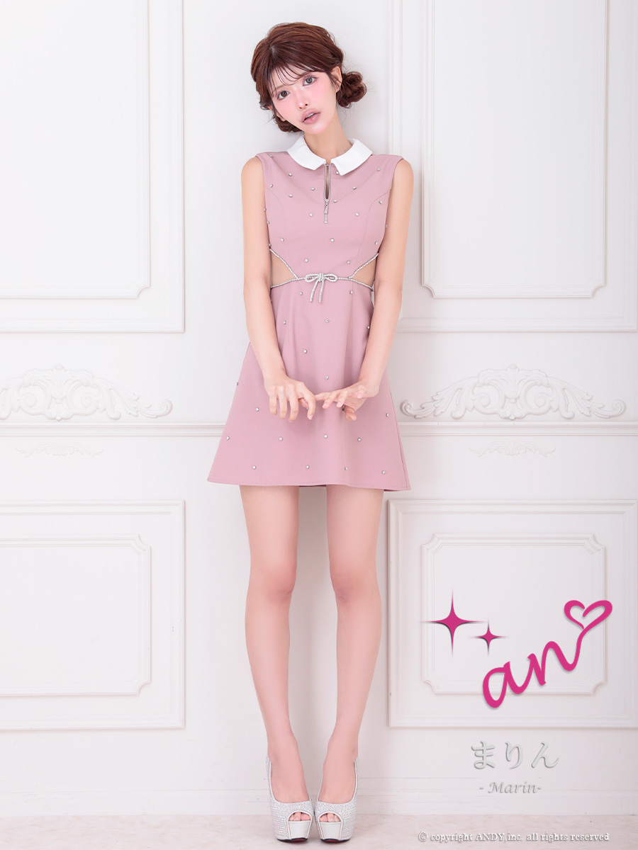 リボン ビジュー ジップデザイン 襟付き くびれ透け ノースリーブ タイトミニドレスの全身フロント画像2