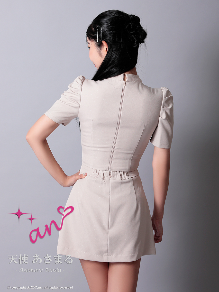 パフスリーブ チェーン アシンメトリー ラメ セットアップ ジップデザイン 半袖 フレアミニドレスの全身バック画像2