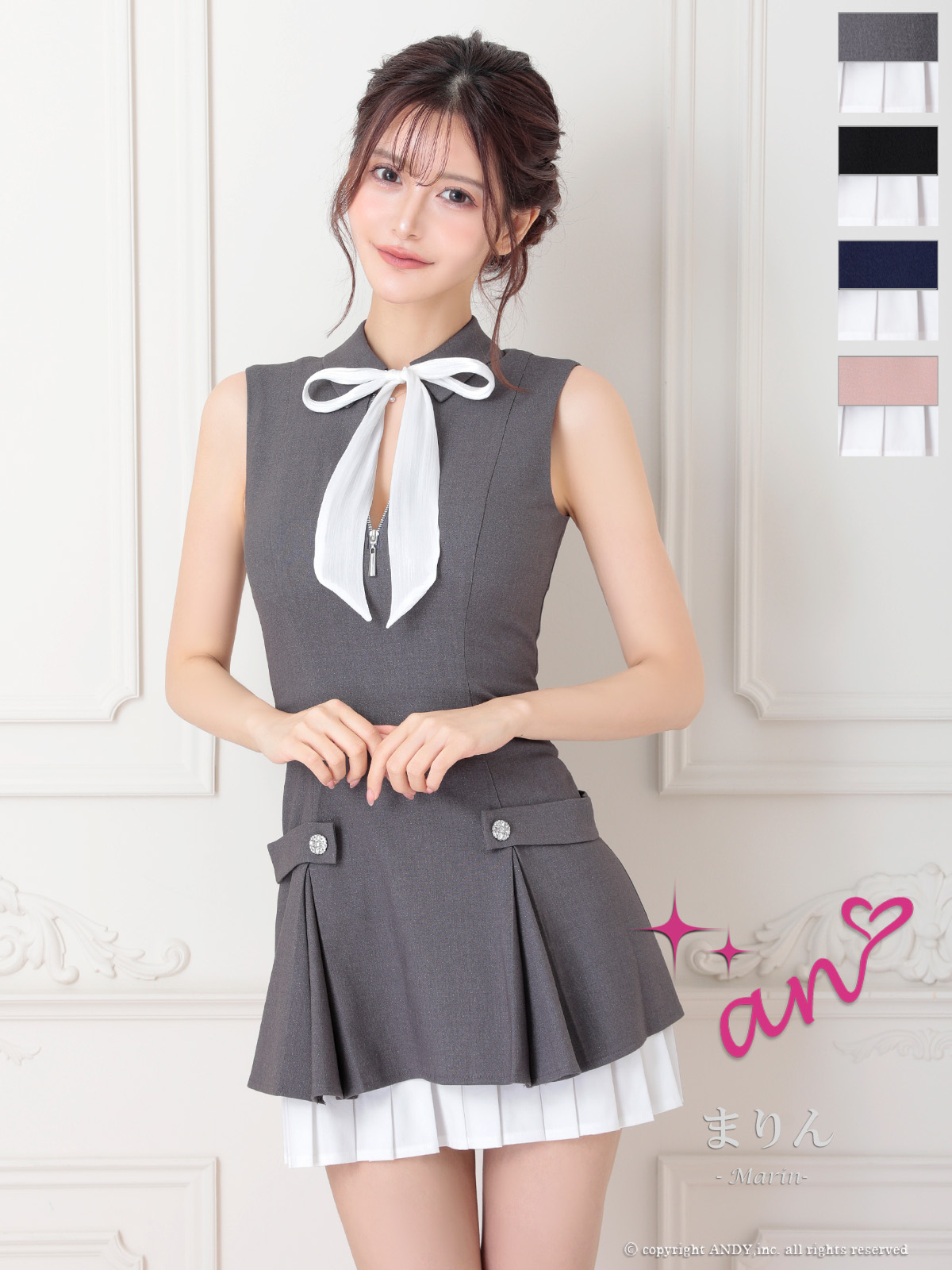 リボン 襟付き ジップデザイン レイヤード プリーツ ノースリーブ フレアミニドレスのメイン画像2