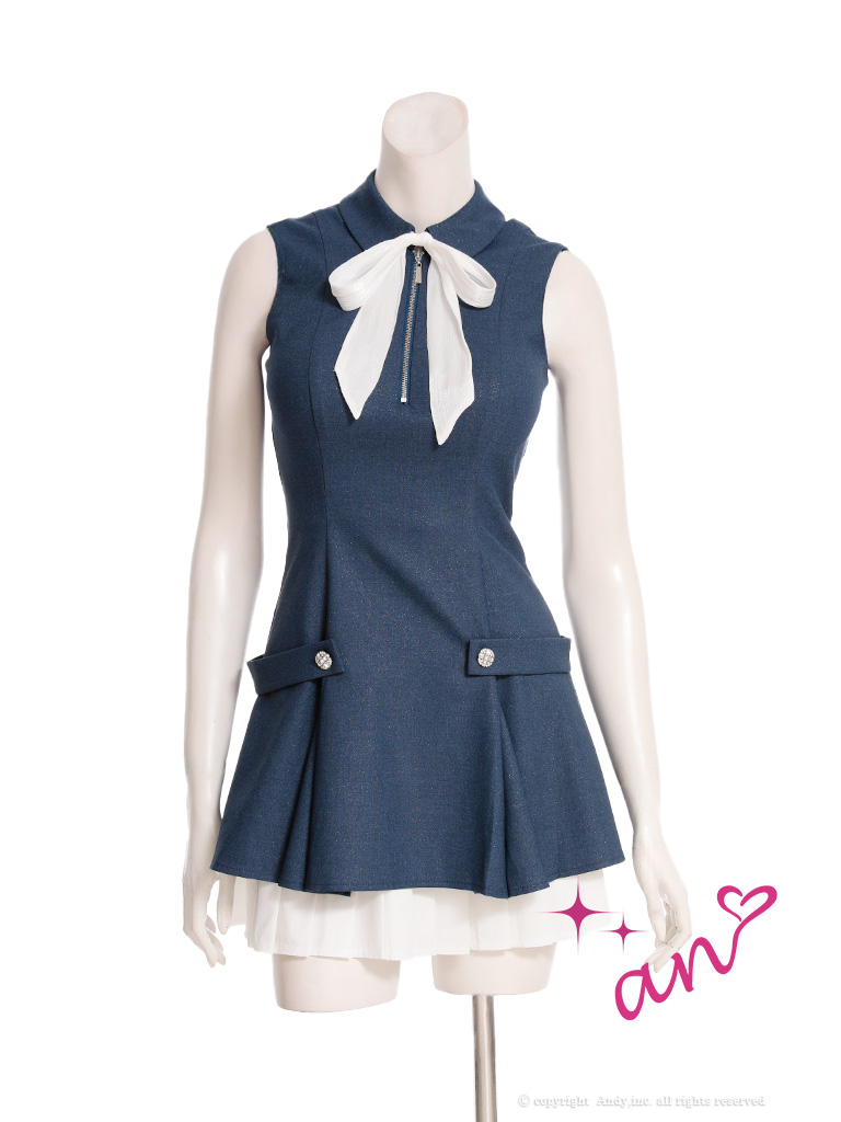リボン 襟付き ジップデザイン レイヤード プリーツ ノースリーブ フレアミニドレスのメイン画像2