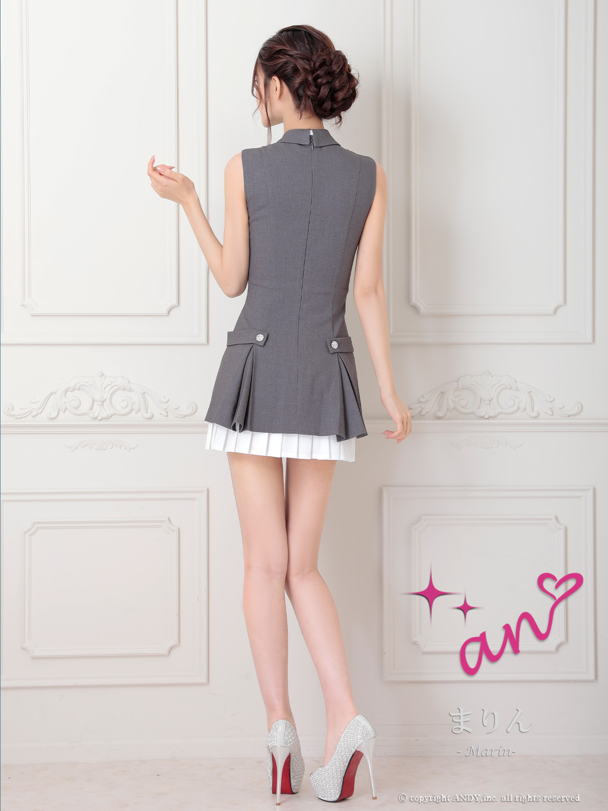リボン 襟付き ジップデザイン レイヤード プリーツ ノースリーブ フレアミニドレスの全身バック画像1