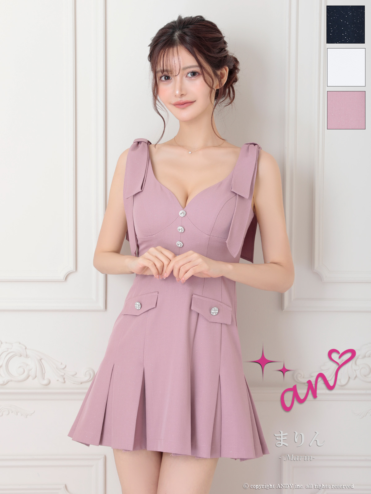 プリーツ リボン フロントボタン Vカット ワンカラー ノースリーブ フレアミニドレスのメイン画像2