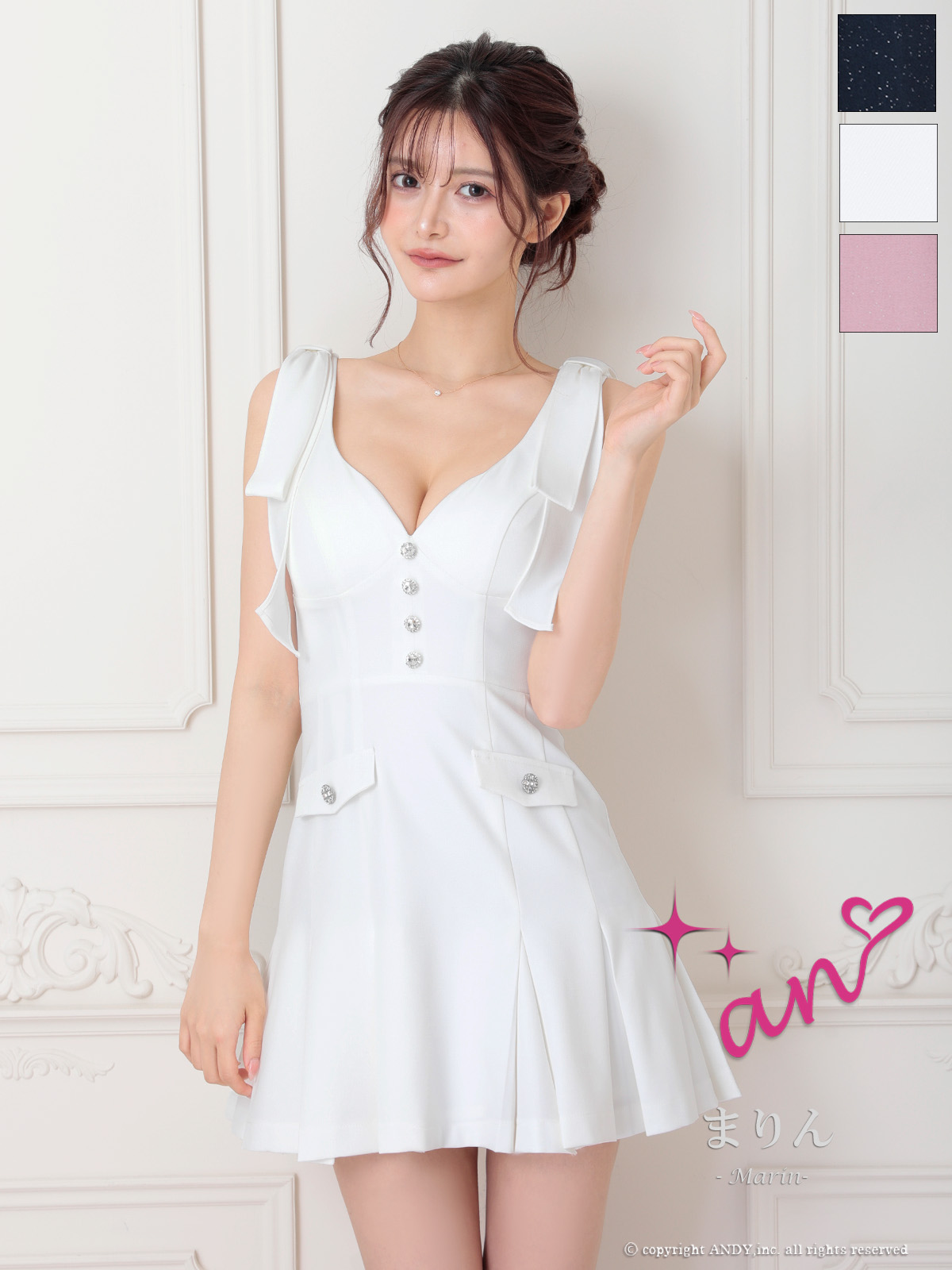 プリーツ リボン フロントボタン Vカット ワンカラー ノースリーブ フレアミニドレスのメイン画像3