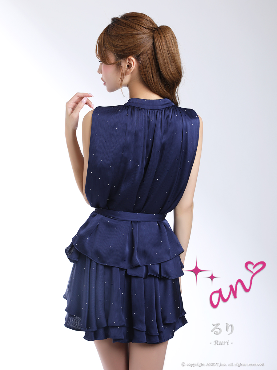 ノースリーブ セットアップ ジップデザイン ウエストリボン フリル ドット柄 ビジュー フレアミニドレスの詳細画像1