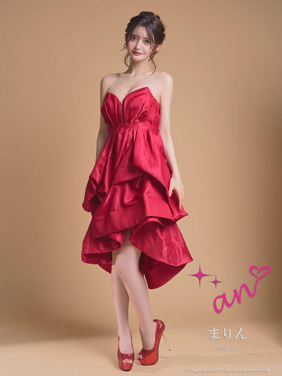 ジップデザイン ベア フリル タック ワンカラー 膝丈ドレスの全身フロント画像1