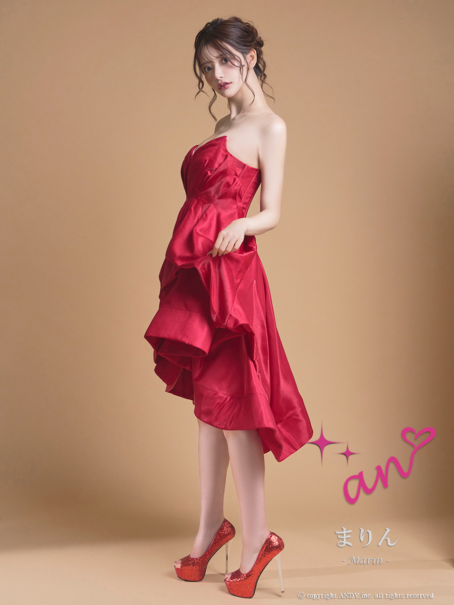 ジップデザイン ベア フリル タック ワンカラー 膝丈ドレスの全身サイド画像1