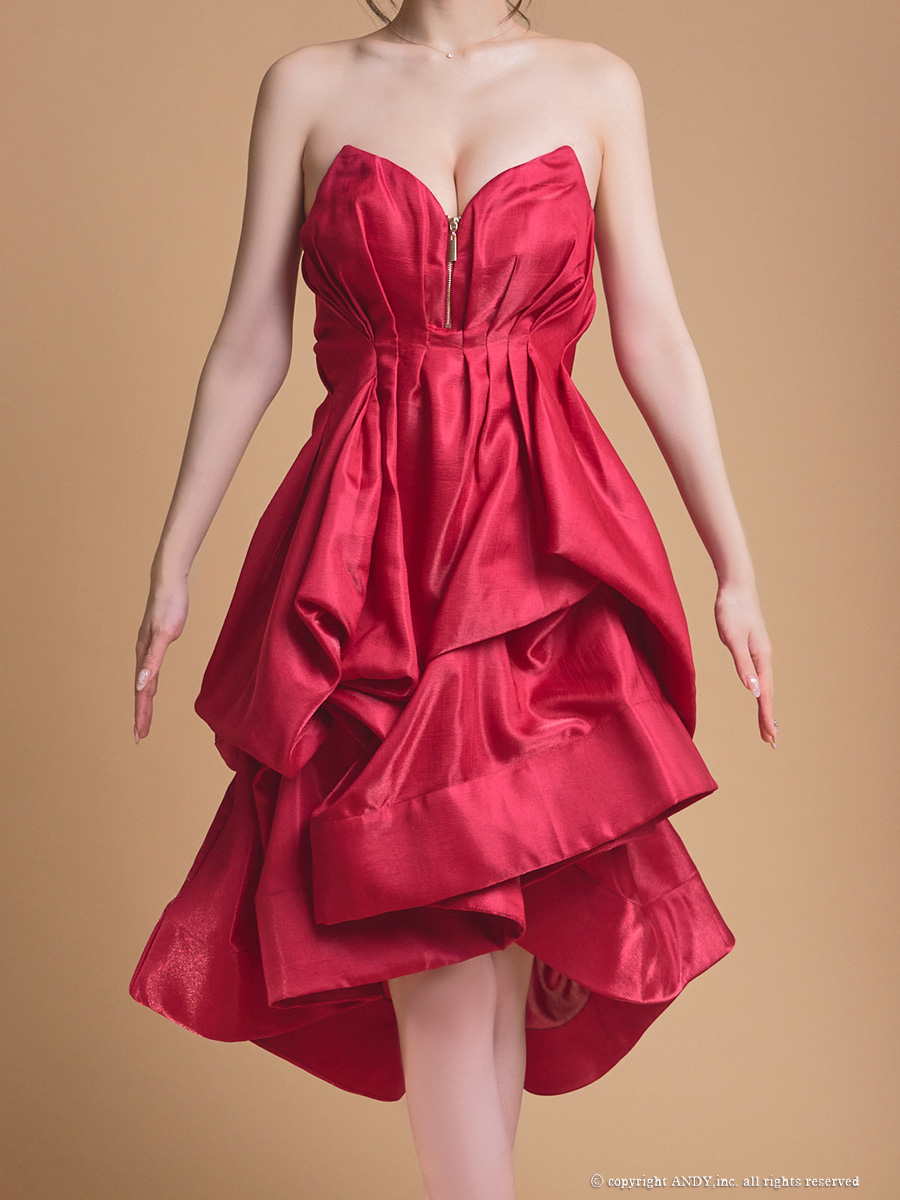 ジップデザイン ベア フリル タック ワンカラー 膝丈ドレスの詳細画像1