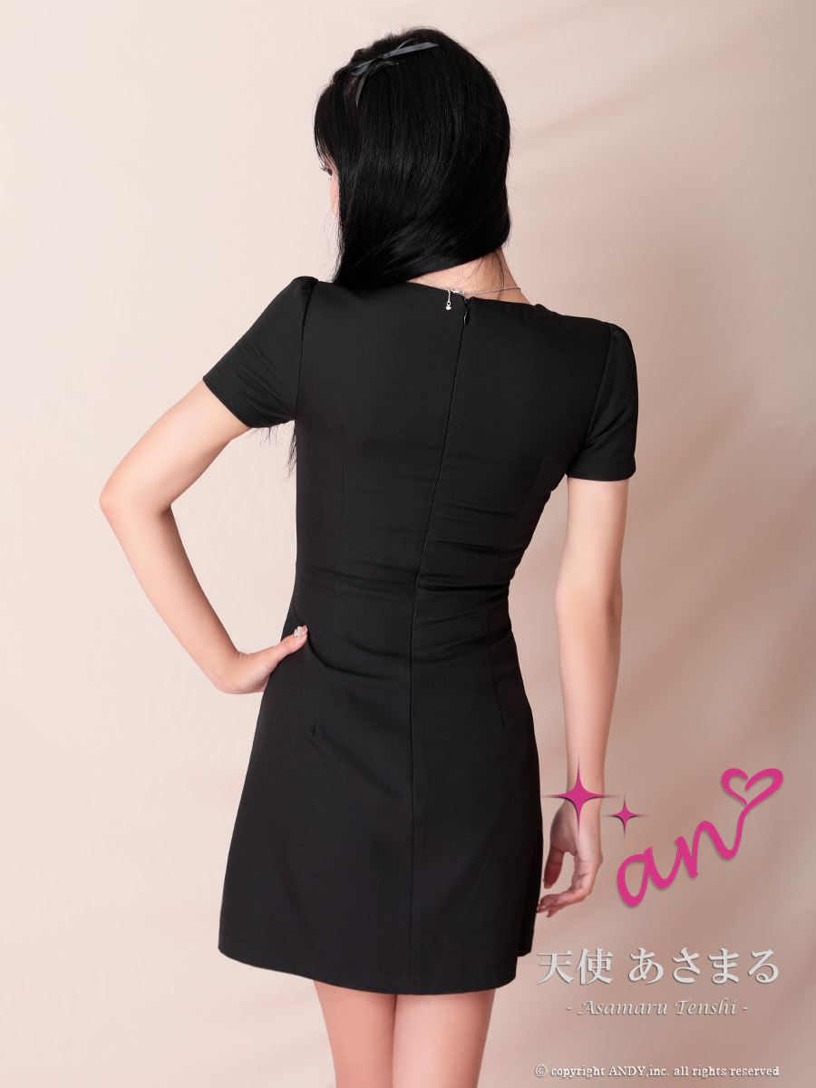 ジップデザイン ワンカラー ビジュー シンプル 半袖 フレアミニドレスの全春バック画像2